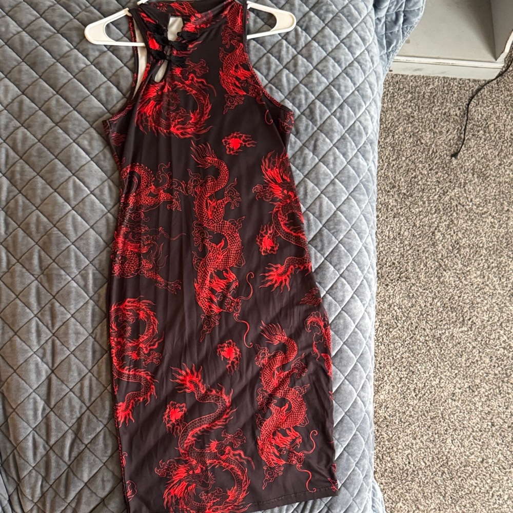 Red Dragon Print Sleeveless Dress